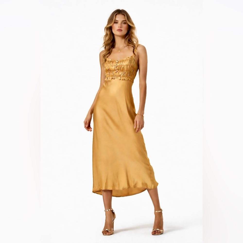 Astr the Label - Zola Smocked Midi Dress - ANTIQUE GOLD